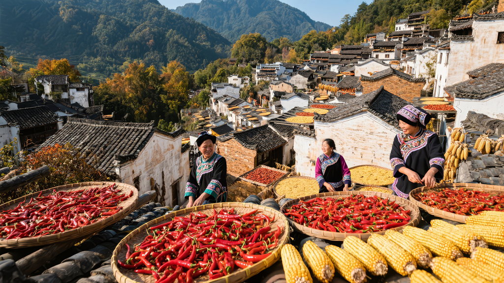秋季古村落晒秋丰收喜悦人文风景图