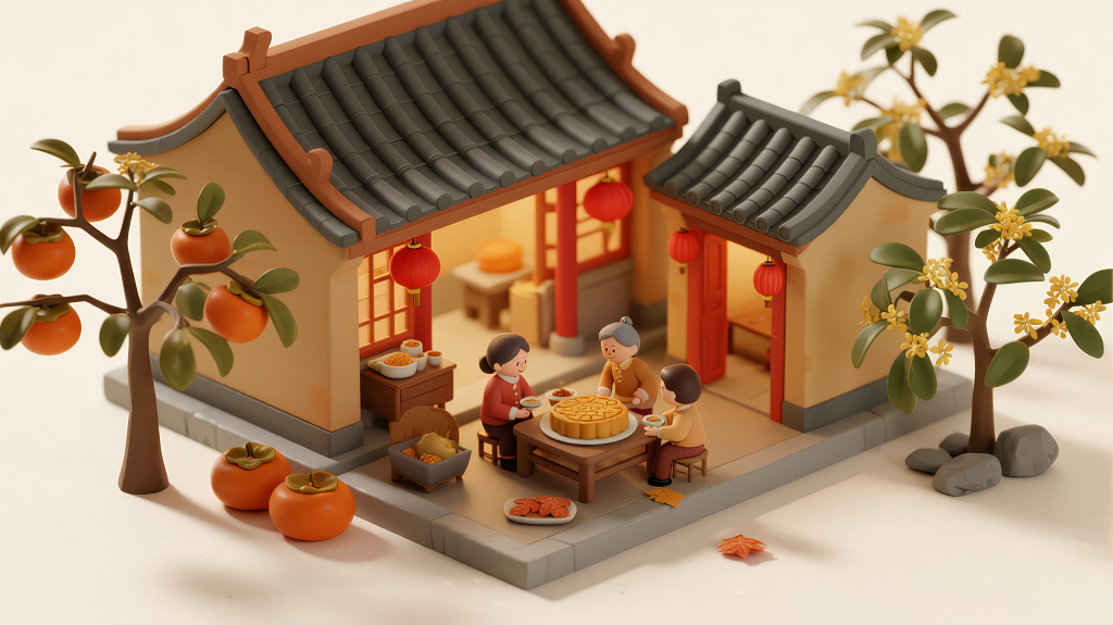 中秋节庭院团圆温馨治愈黏土风背景
