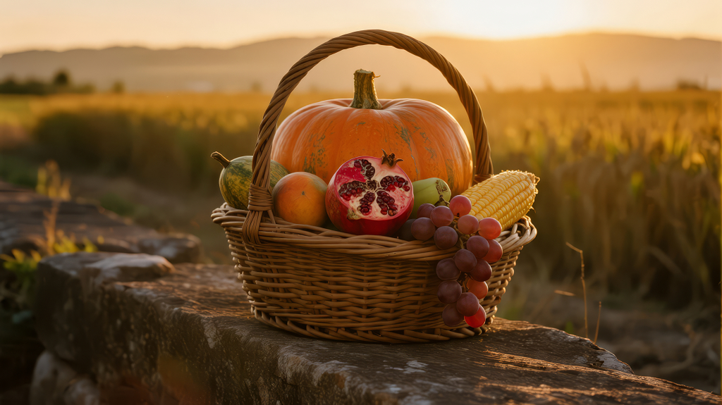 秋季丰收果篮户外田野温暖背景图