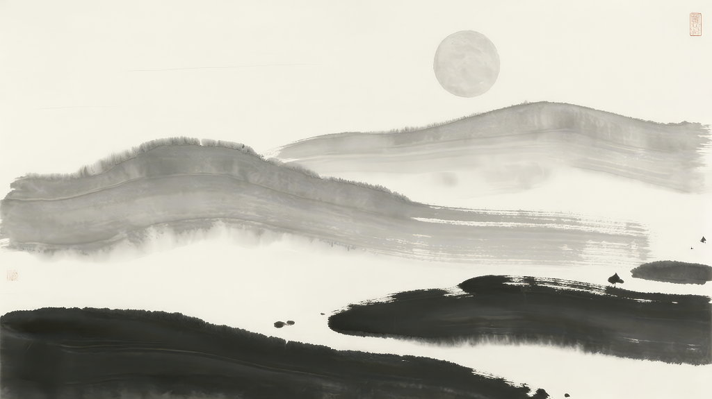 中秋节水墨山水月夜禅意意境背景图