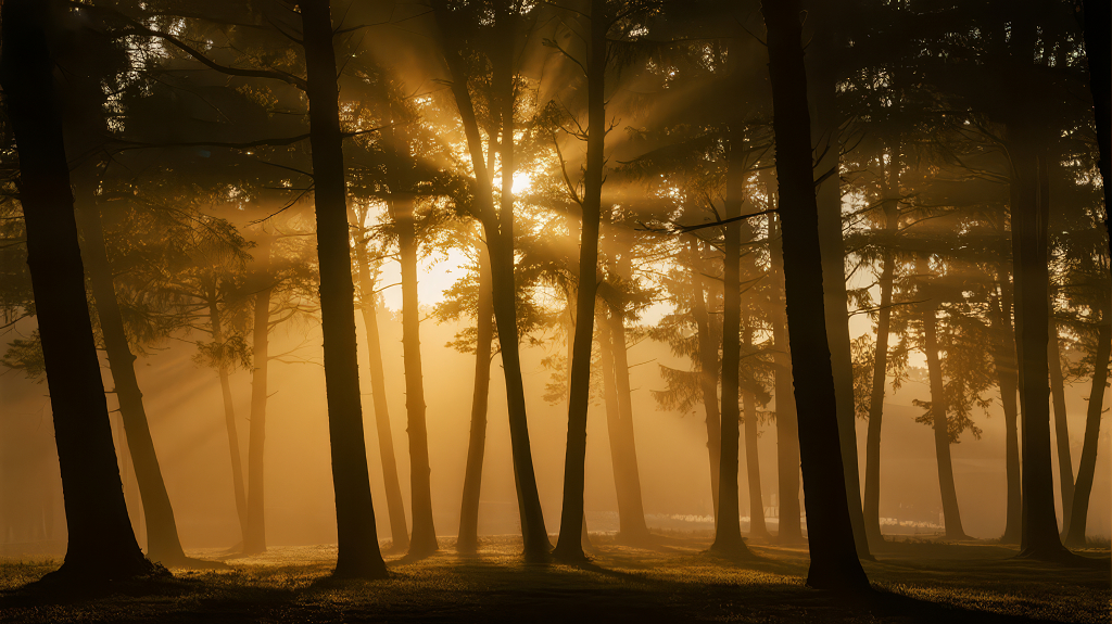 阳光穿透森林的希望之光治愈系背景