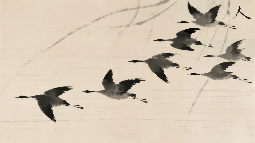 大雁南飞团队合作水墨国画禅意背景