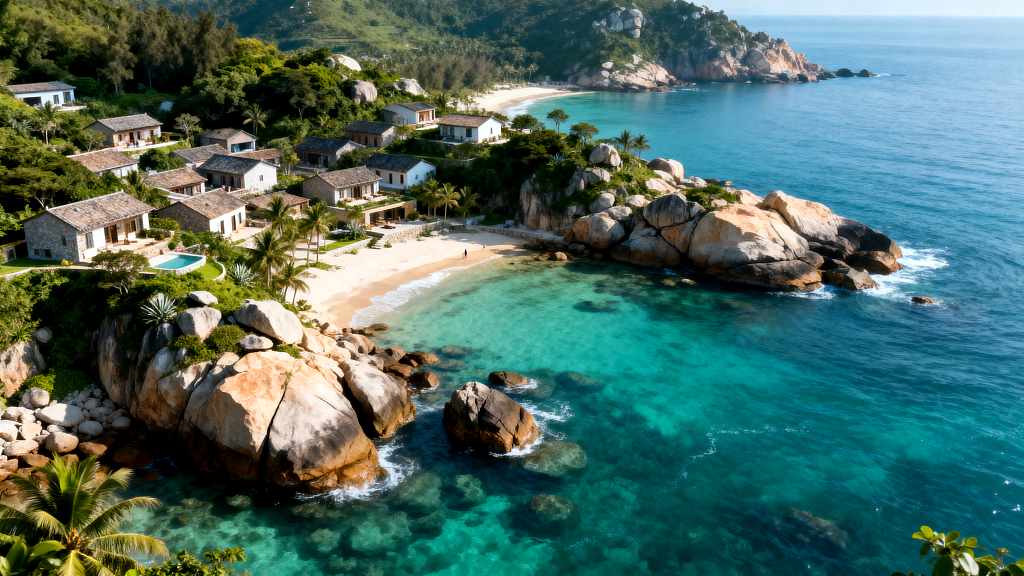 海滨村落海滩海边民居海景风光海滨风景村落海景风景摄影海报