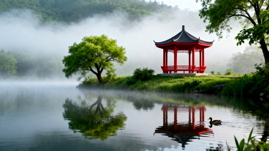 中式凉亭湖泊晨雾园林春日风光中式园林凉亭风景摄影海报设计旅游