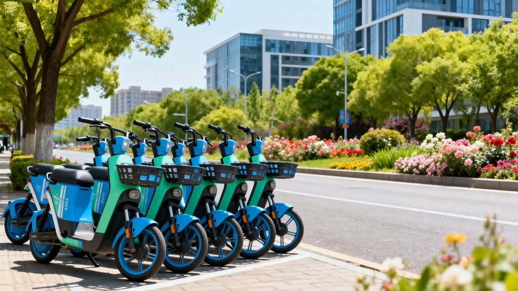 共享电动车共享电单车城市交通绿色出行城市风光街头车辆共享单车
