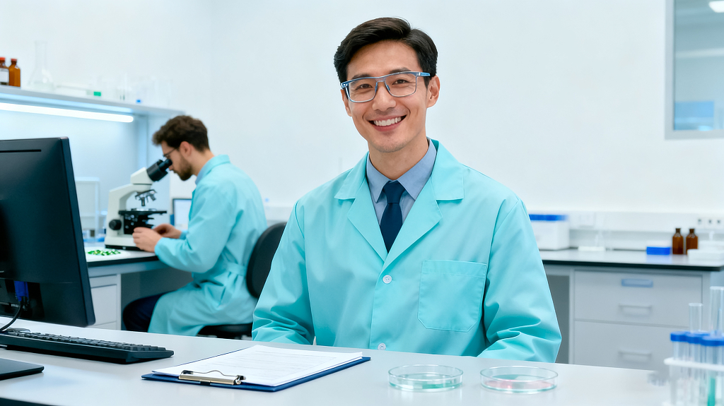 实验室场景一位穿着浅蓝色实验服的男性他戴着眼镜现代化科研环境