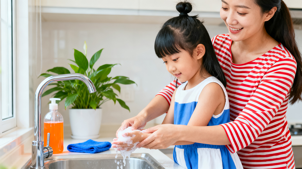 明亮厨房中母女温馨洗手的场景家庭生活的美好瞬间母亲帮女儿洗手