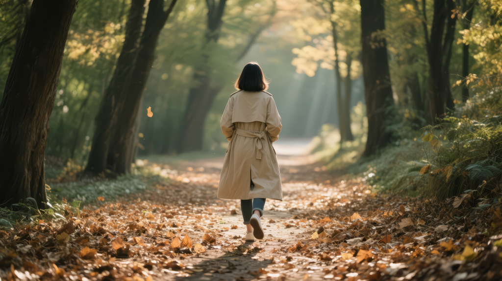 秋季女子漫步森林治愈系慢生活背景