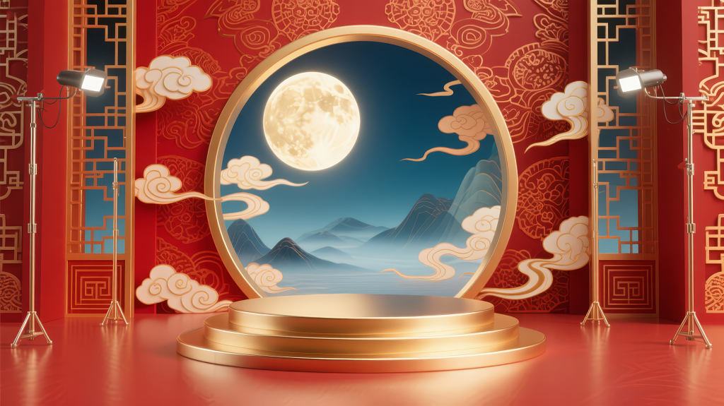 中秋国庆红色喜庆产品展台背景图