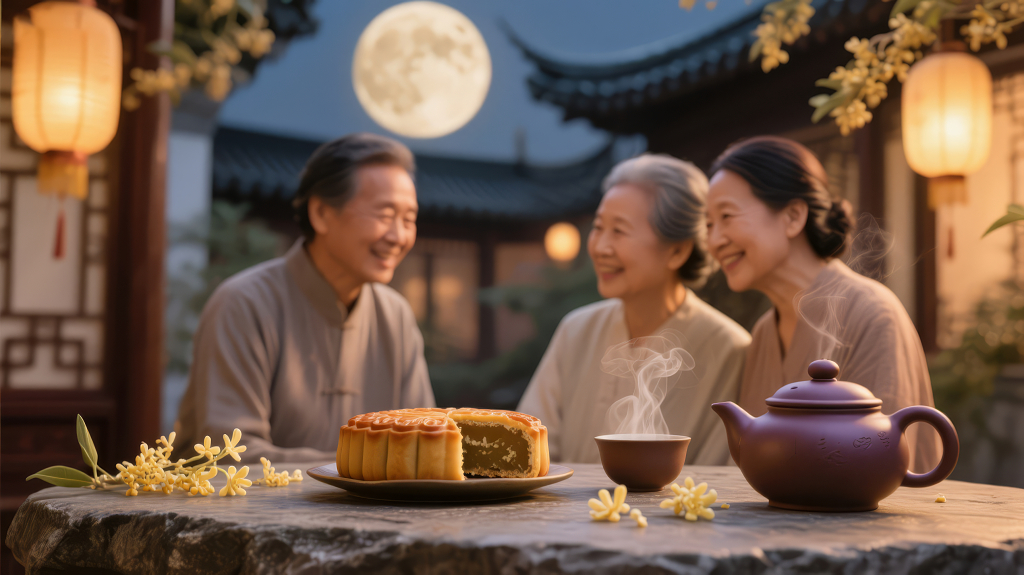 中秋节老人庭院赏月品茶团圆温馨场景