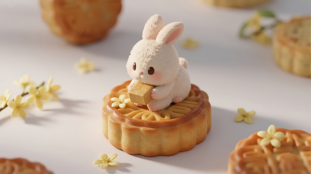 中秋节玉兔月饼可爱治愈创意美食背景