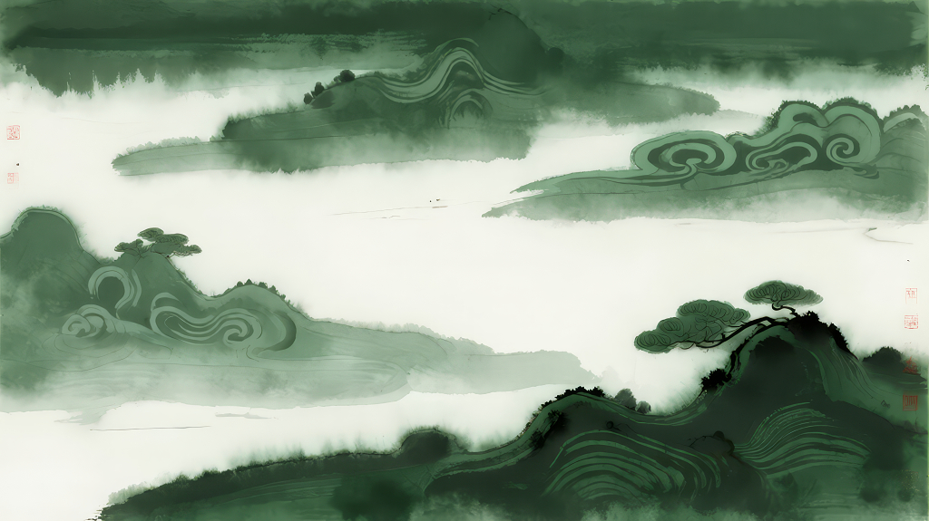 青绿山水云雾缭绕禅意国画背景图