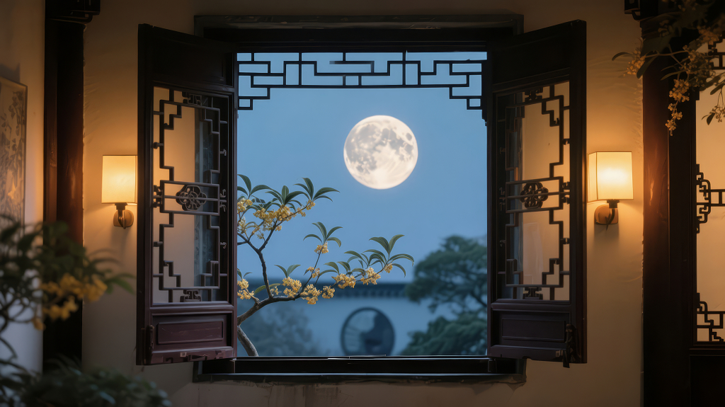 中秋节花窗赏月禅意唯美古风背景图
