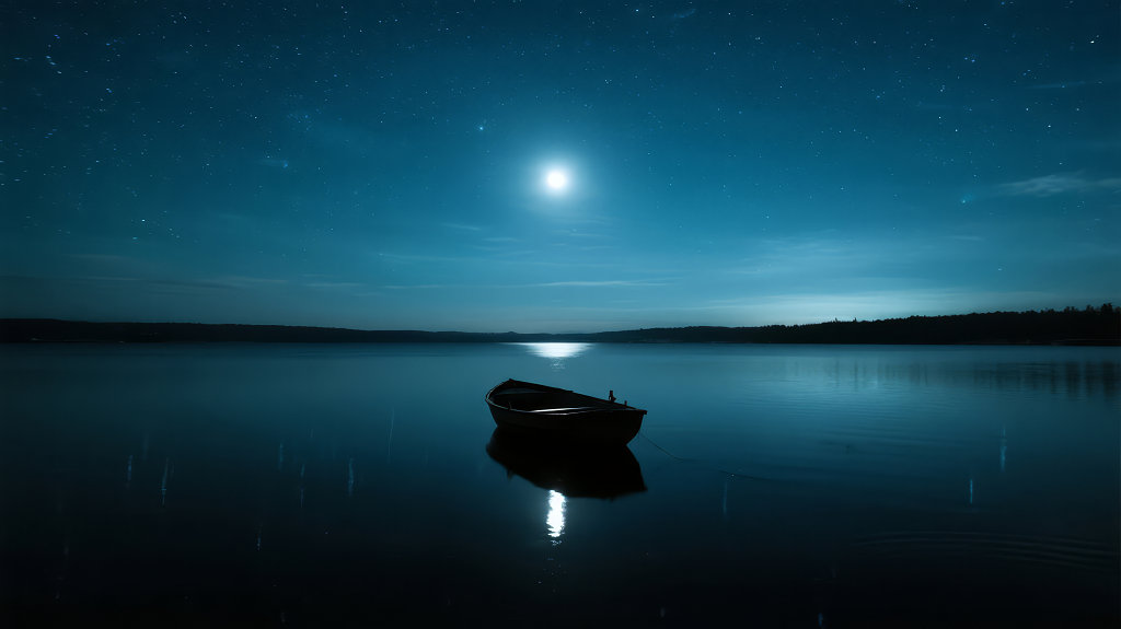 中秋节月夜湖面小船宁静意境背景图