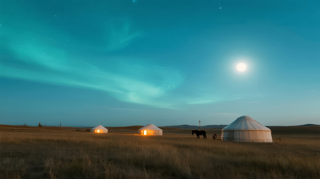 草原蒙古包月夜极光宁静唯美背景