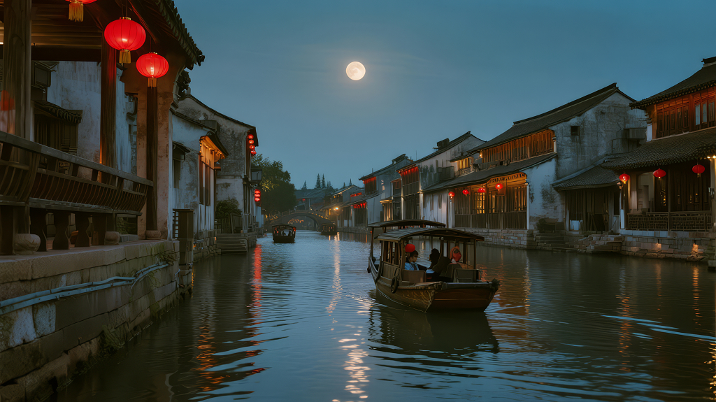 中秋节江南水乡月夜游船唯美背景