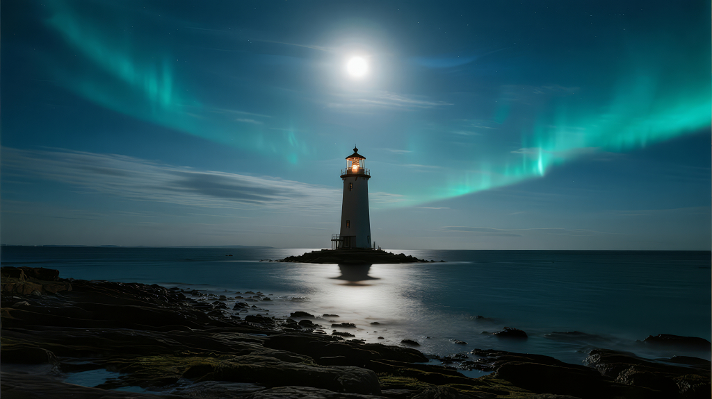 指引方向的灯塔月夜极光希望背景图