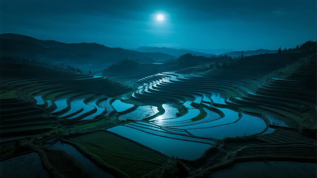 中秋节梯田月夜壮阔唯美风景背景图