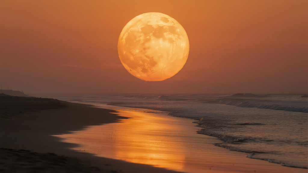 中秋节海边月亮日落唯美浪漫背景