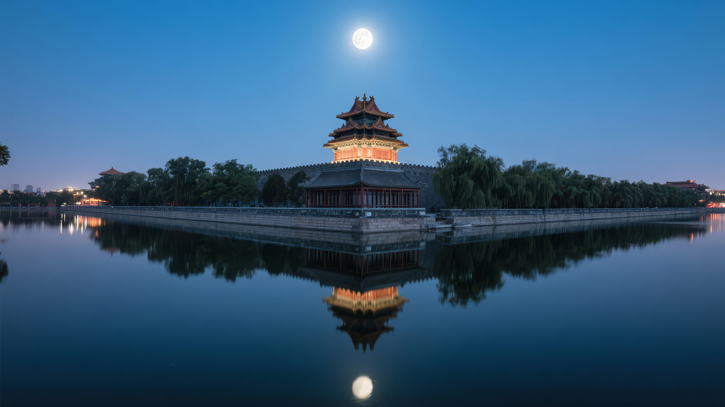 中秋节故宫角楼月亮唯美对称背景