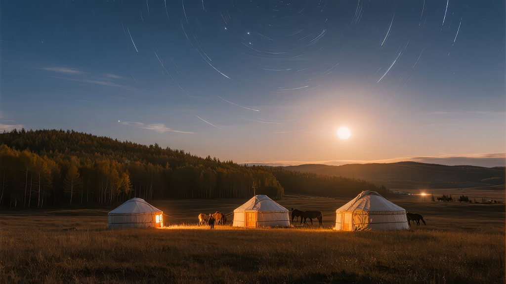 草原蒙古包星轨露营宁静唯美背景