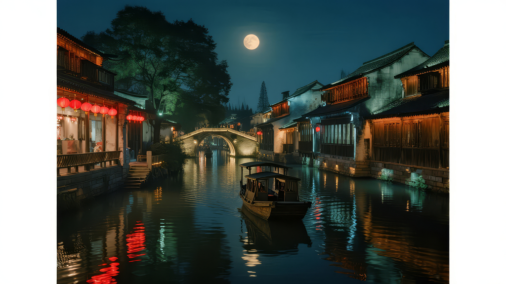 中秋节江南水乡月夜唯美意境背景