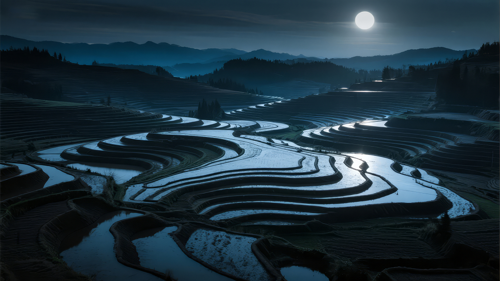 中秋节梯田月亮倒影唯美意境背景
