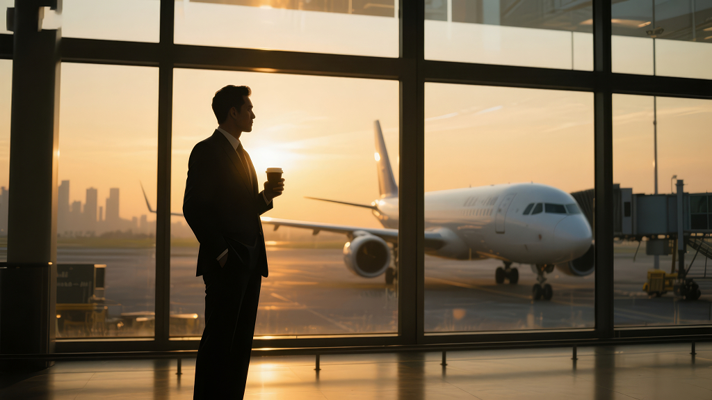 商务成功人士机场候机逆光剪影背景
