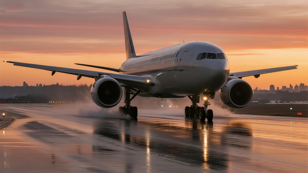 飞机雨后跑道降落商务旅行背景