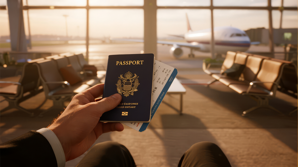 商务旅行机场手持护照准备出发背景