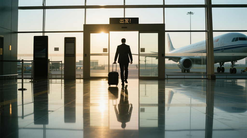商务旅行成功人士机场出发剪影背景