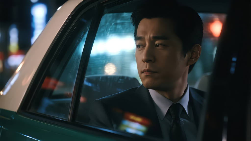 商务人士深夜坐车思考城市背景