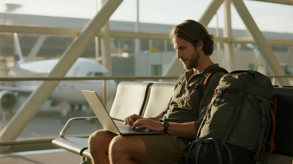 数字游民机场远程办公旅行生活方式背景