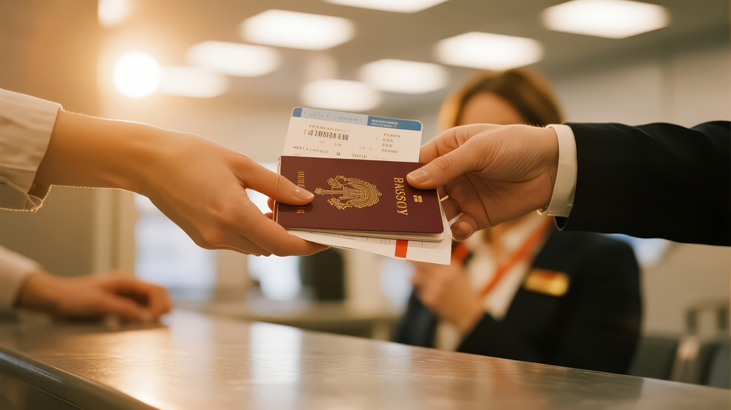 商务旅行机场柜台办理登机服务背景