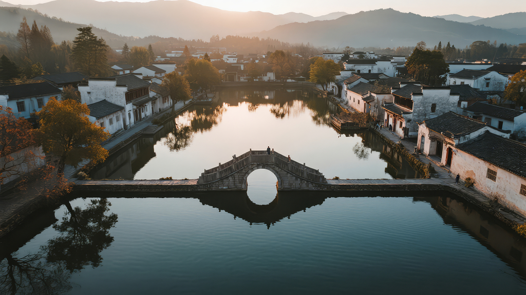 江南水乡古镇石桥倒影唯美意境背景