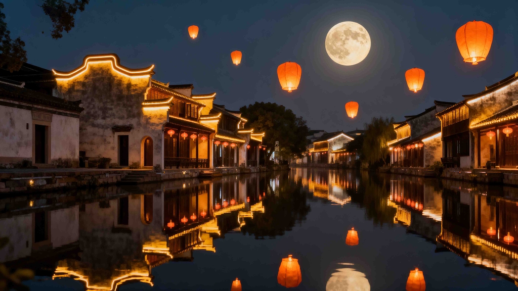 中秋民俗中秋夜景古街灯笼满月水乡