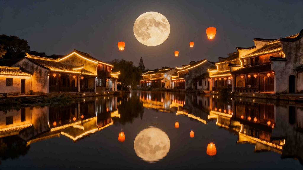 中秋夜景古街圆月孔明灯湖面倒影