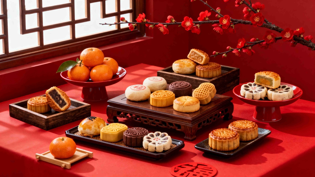 传统美食中式点心糕点蜜桔红色背景