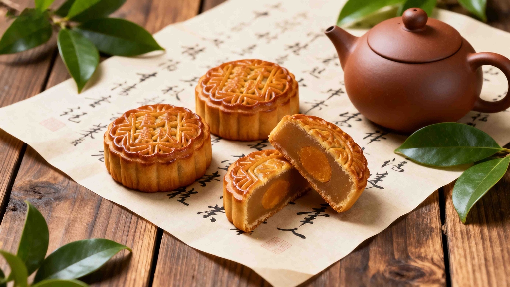 中秋月饼月饼紫砂茶具书法纸绿叶