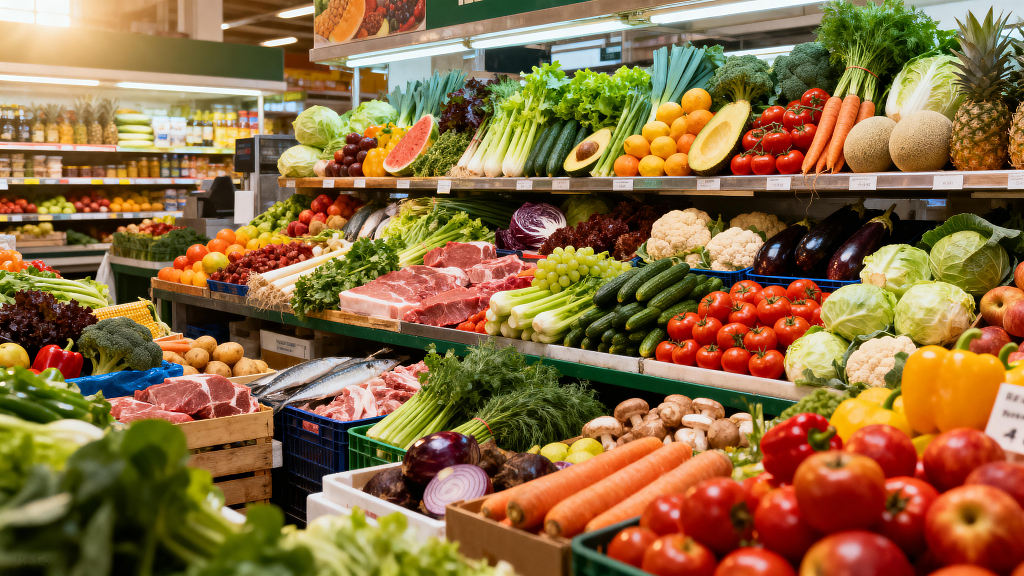 超市生鲜区生鲜超市蔬菜水果肉类海鲜新鲜食材超市陈列果蔬陈列