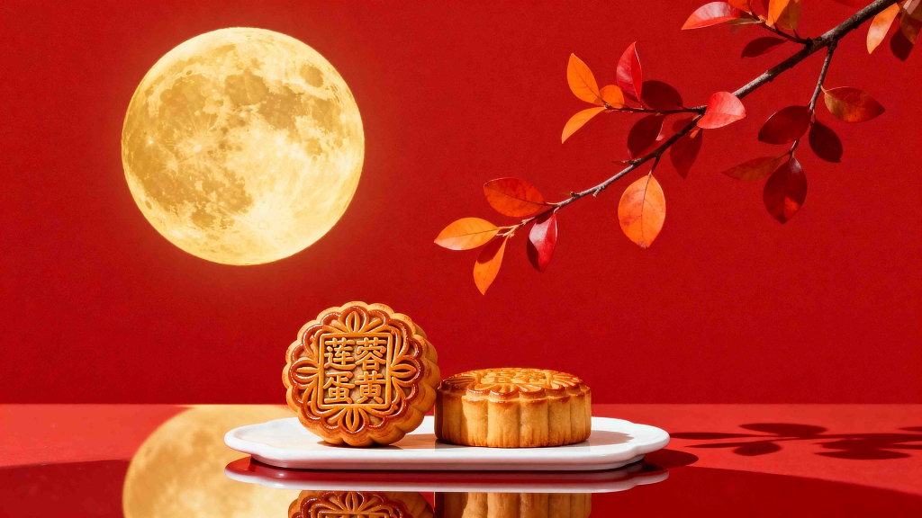 中秋月饼月饼满月红色背景红叶
