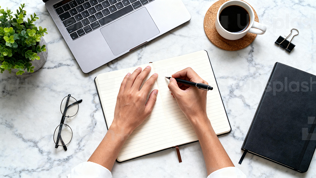 办公场景桌面办公笔记本电脑手写笔记咖啡绿植眼镜文件夹办公桌面