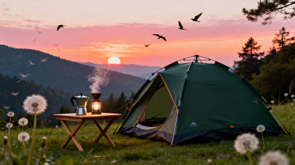 户外露营场景山间露营日落露营帐篷户外露营装备户外装备啡