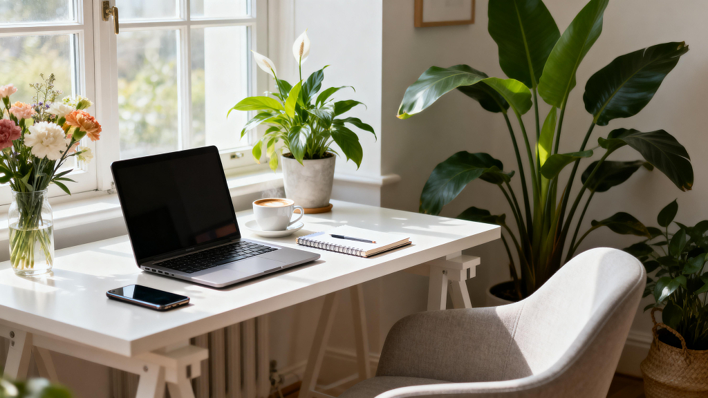 居家办公办公场景桌面办公笔记本电脑咖啡绿植鲜花手机记事本