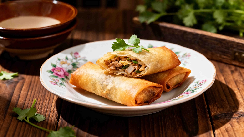 春卷美食摄影平拍中式餐具花纹瓷盘