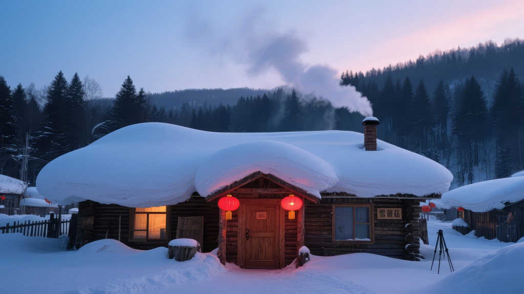 春节雪乡木屋冬季温馨宁静背景