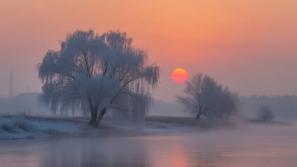 冬至雾凇日出唯美诗意意境背景