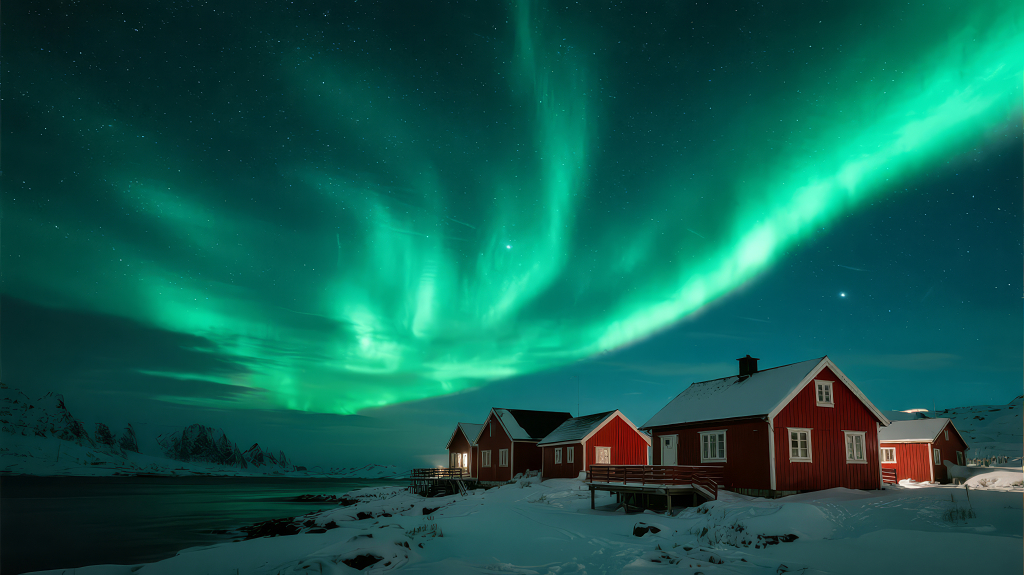 冬季旅游极光小镇唯美梦幻背景