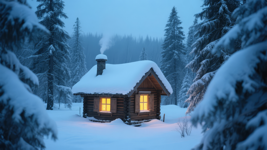 圣诞节雪中木屋冬季温馨宁静背景