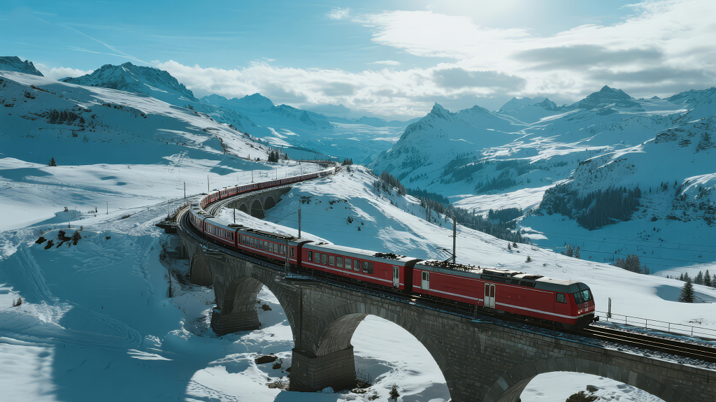 冬季雪山火车穿行史诗感旅行风景图